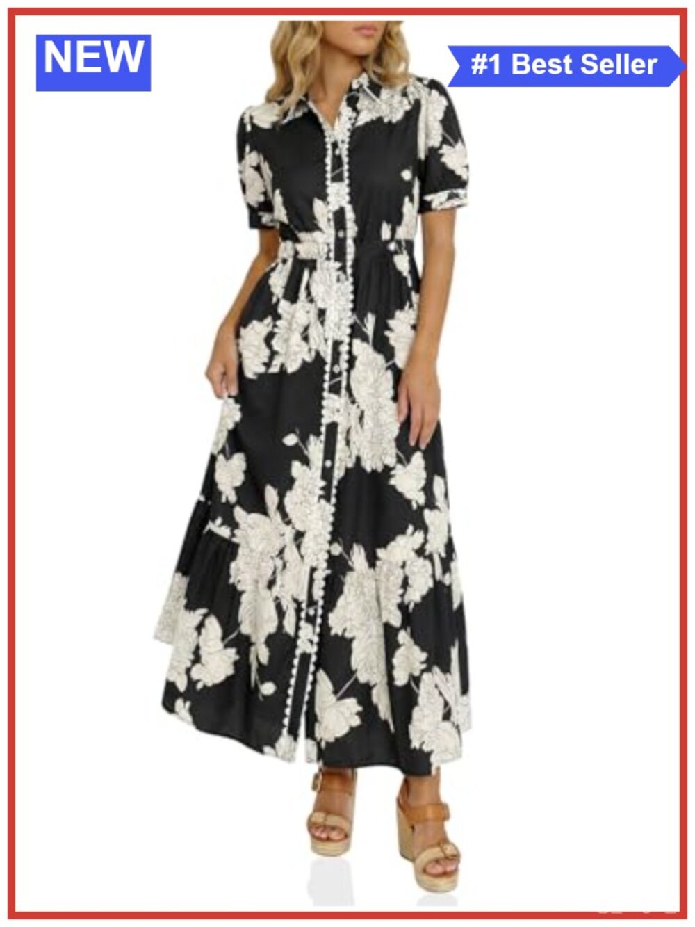 Wenrine Floral Maxi Shirt Dress Button Front Short Sleeve Drawstring Waist